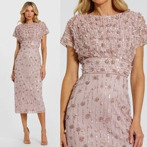 Mac Duggal Pink Cap Sleeve Sheath Midi Dress With Floral Beading 2
